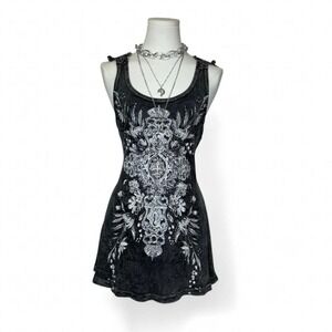Y2K Floral Grunge Rhinestone Mini Dress Embroidered Womens Fits S Fleur De Lis